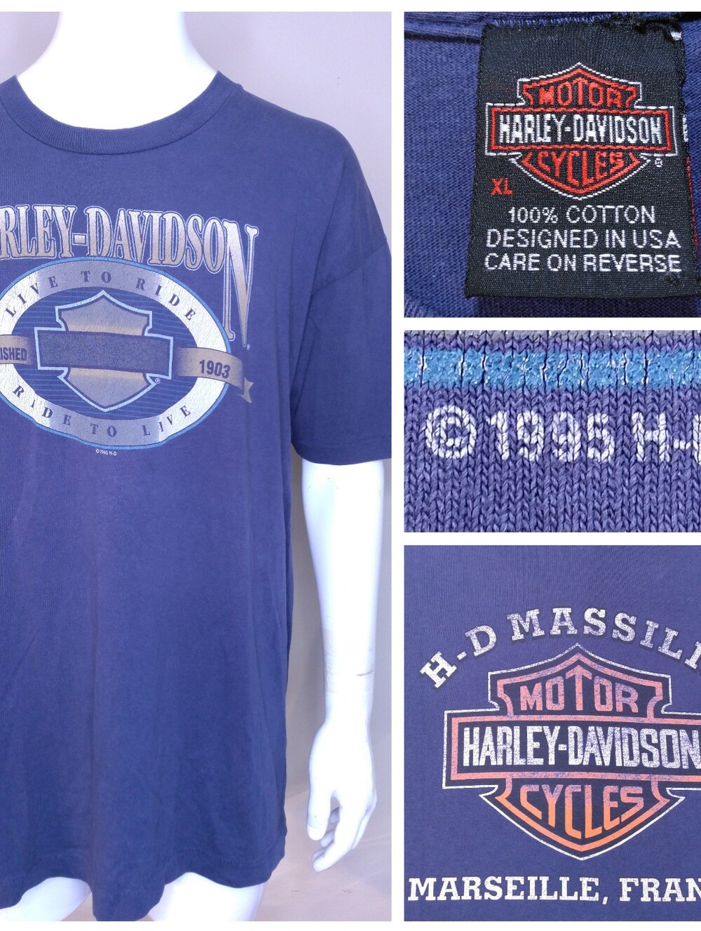 HARLEY DAVIDSON Vintage T Shirt 1995 MARSEILLE FRANCE Vtg 90s RARE Graphic Tee